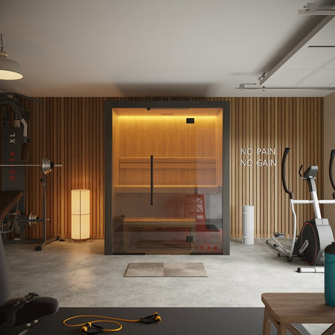 Hekla Traditional 160 – kompakte Sauna mit LED-Beleuchtung im stilvollen Home-Gym